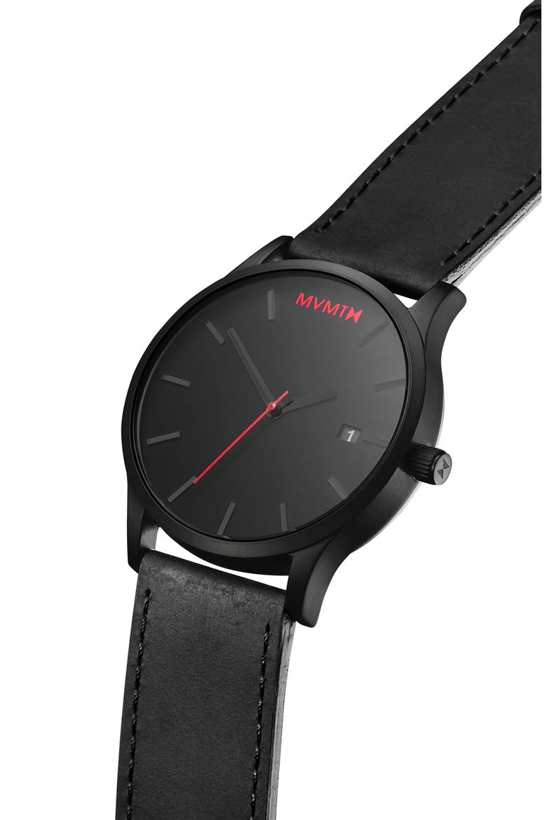 MVMT Classic Leather Strap Watch, 45mm, Alternate, color, BLACK