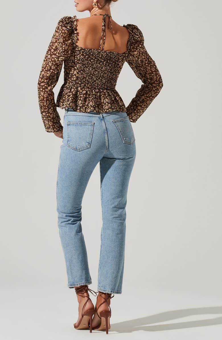 ASTR the Label Toni Tie Neck Peplum Top, Alternate, color, Brwn Yl Di