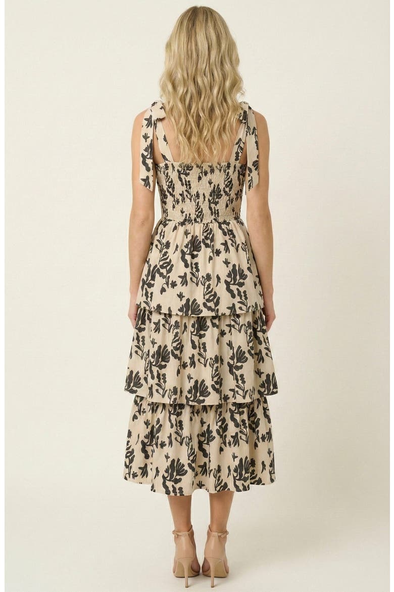 Smocked Tiered Midi Dress with Bow-Tie Straps, Alternate, color, Ivory / Black Floral