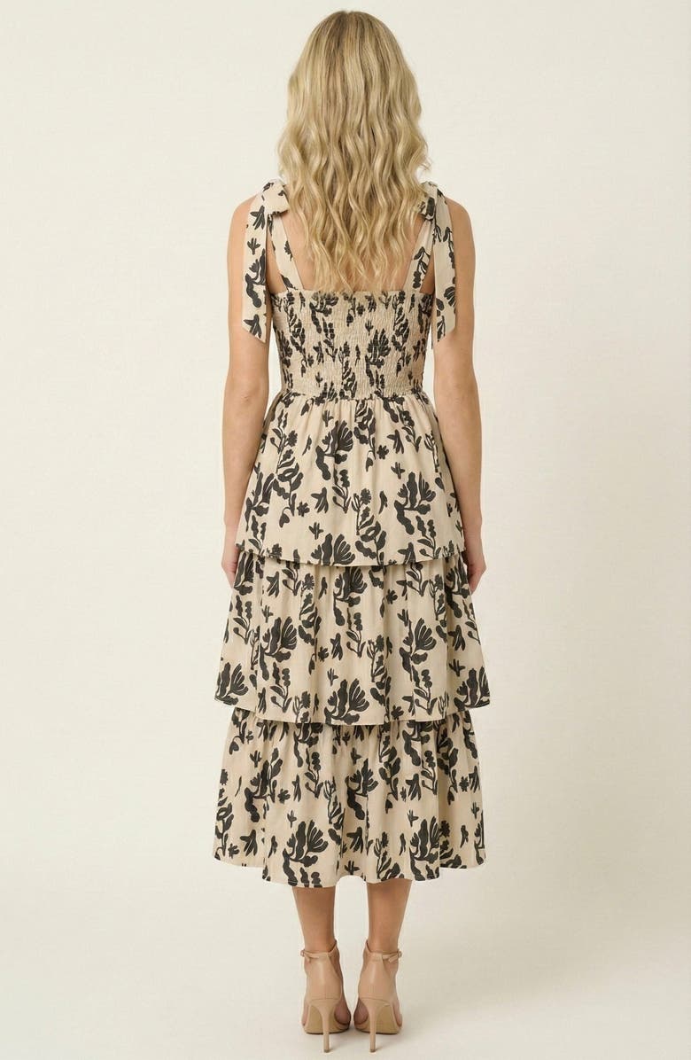 Modenaire Smocked Tiered Midi Dress with Bow-Tie Straps, Alternate, color, Ivory / Black Floral