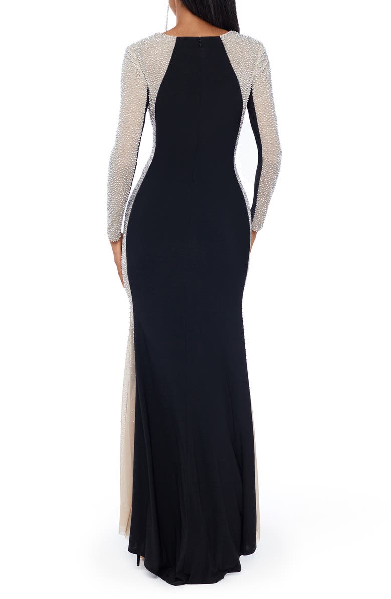 Xscape Evenings Crystal Contrast Long Sleeve Dress, Alternate, color, Black Nude Silver