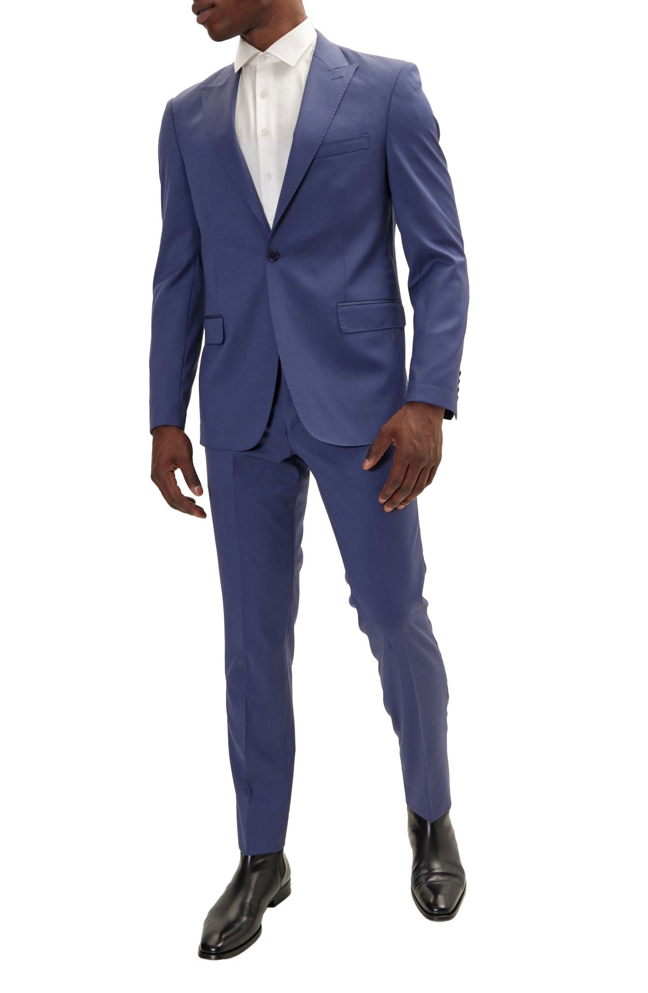 RON TOMSON Trim Fit Solid Peak Lapel Wool Suit