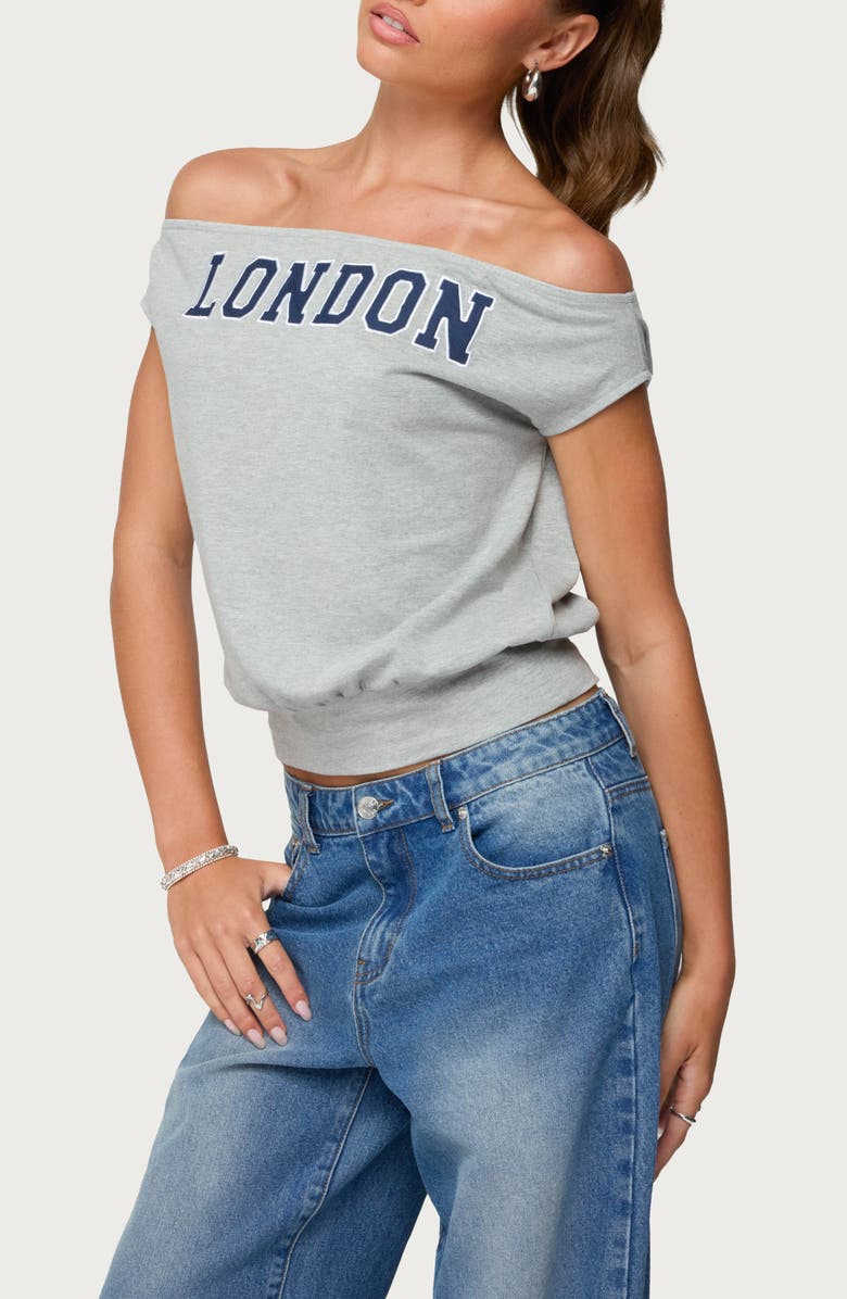 EDIKTED So London Off the Shoulder Stretch Cotton T-Shirt, Alternate, color, Gray-Melange