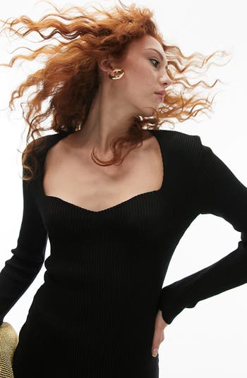 Sweetheart Neck Long Sleeve Rib Sweater Dress