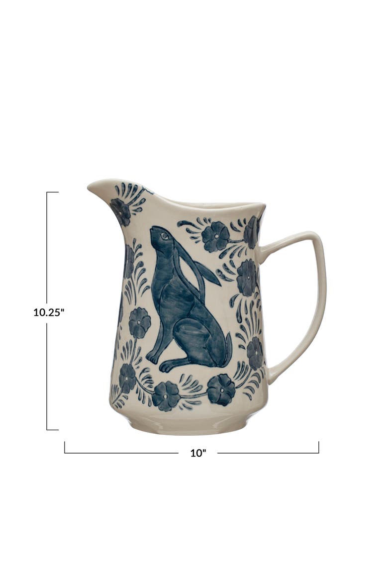Stoneware Pitcher with Painted Rabbit and Florals, Blue and Cream, Alternate, color, Blue