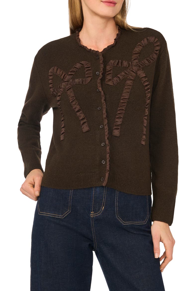 Ruffle Bow Cardigan, Main, color, CHOCOLATE