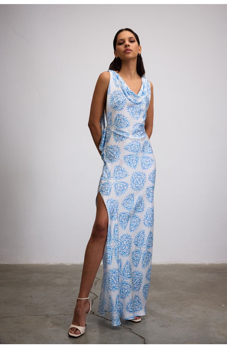 Je Te Veux Bleu Ceramic Print Maxi Dress With Open Back, Main, color, Blue