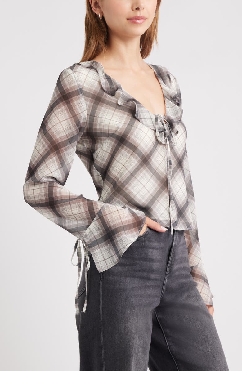 Open Edit Ruffle Chiffon Top, Alternate, color, Grey Reese Plaid