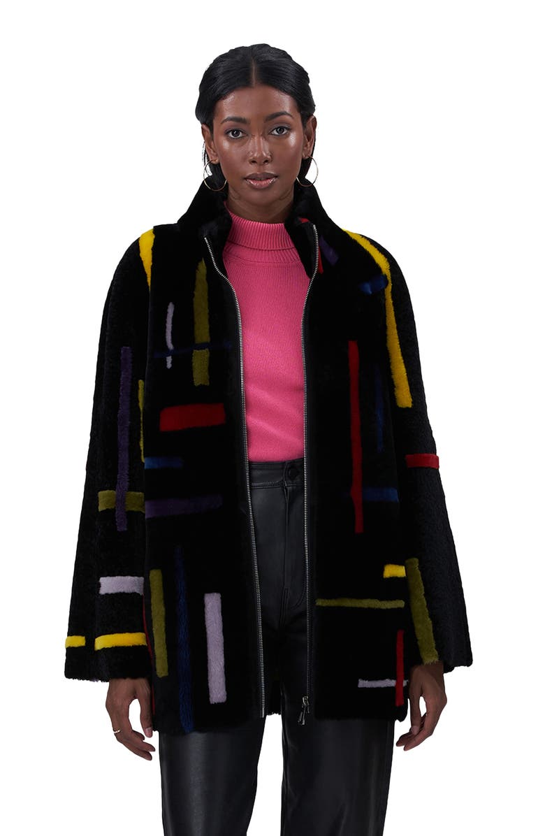 GORSKI Shearling Lamb Zip Jacket With Abstract Intarsia, Alternate, color, Black/Multi Intarsia