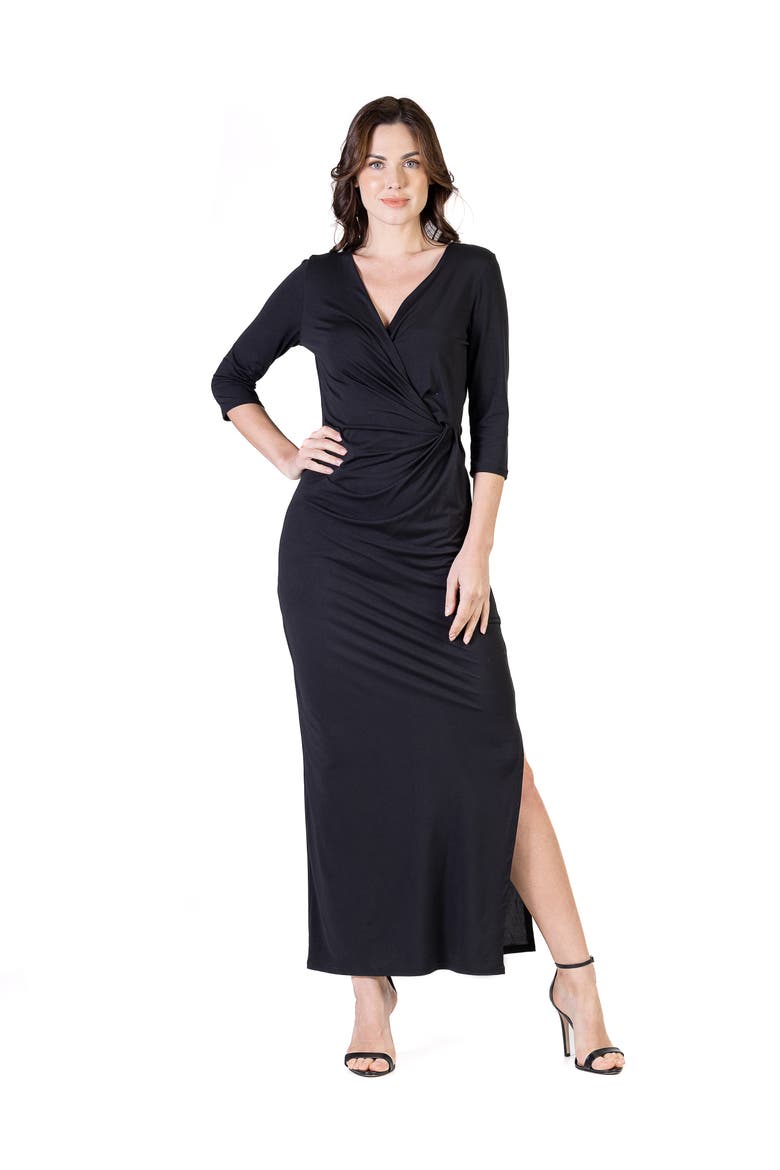 Petite Fitted V Neck Side Slit Maxi Dress, Main, color, Black