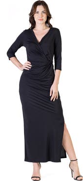 24seven Comfort Apparel Petite Fitted V Neck Side Slit Maxi Dress