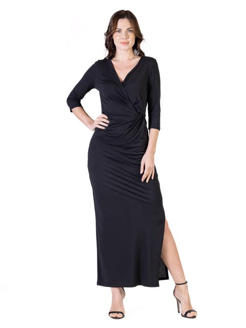 24seven Comfort Apparel Petite Fitted V Neck Side Slit Maxi Dress