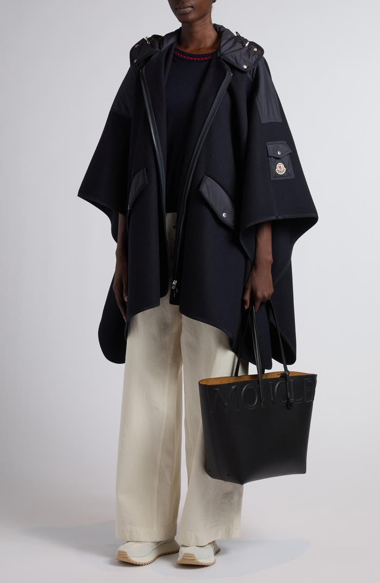 Moncler Hooded Wool Blend Cape, Alternate, color, Blue