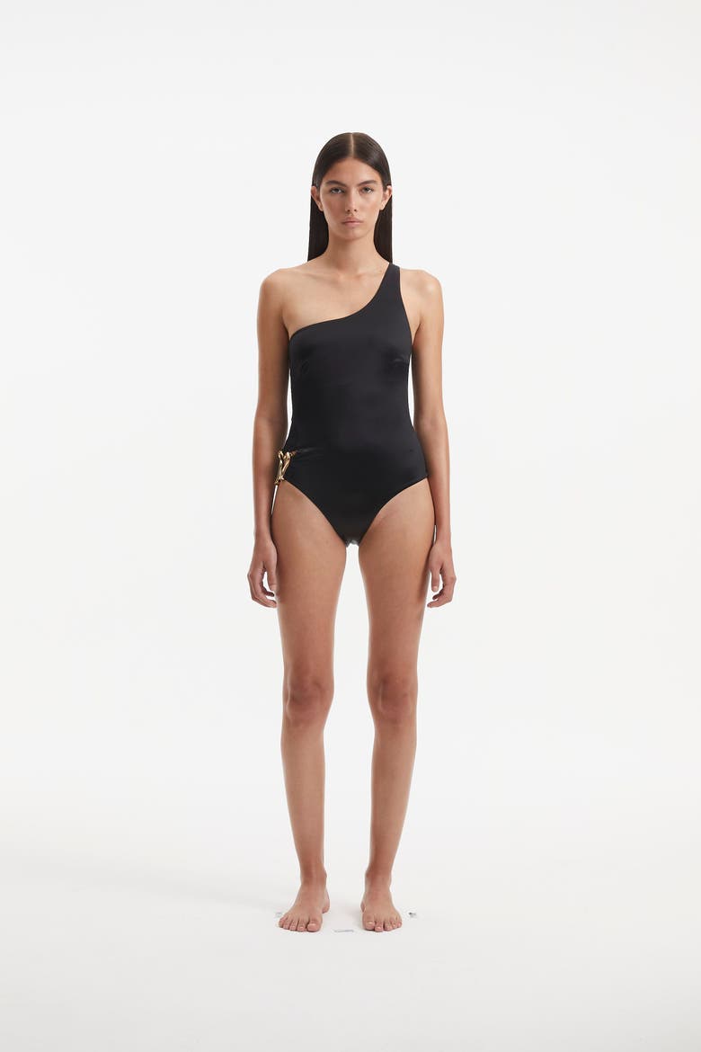 Kaimana One Shoulder Satin Swimsuit, Alternate, color, Black