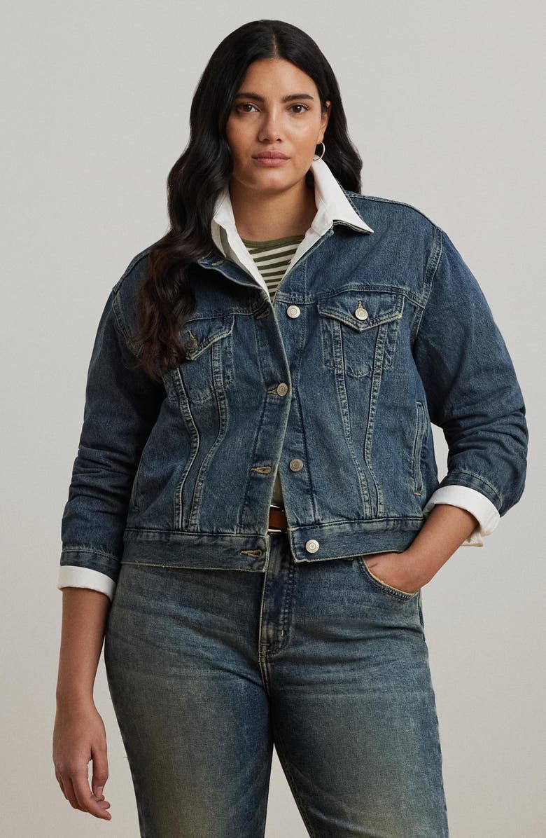 Lauren Ralph Lauren Crop Denim Trucker Jacket, Alternate, color, Haze Wash