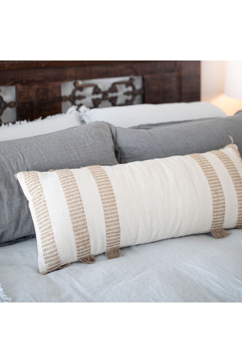 Tan Outer Striped Handwoven Filled Pillow, 14" x 36", Alternate, color, Beige