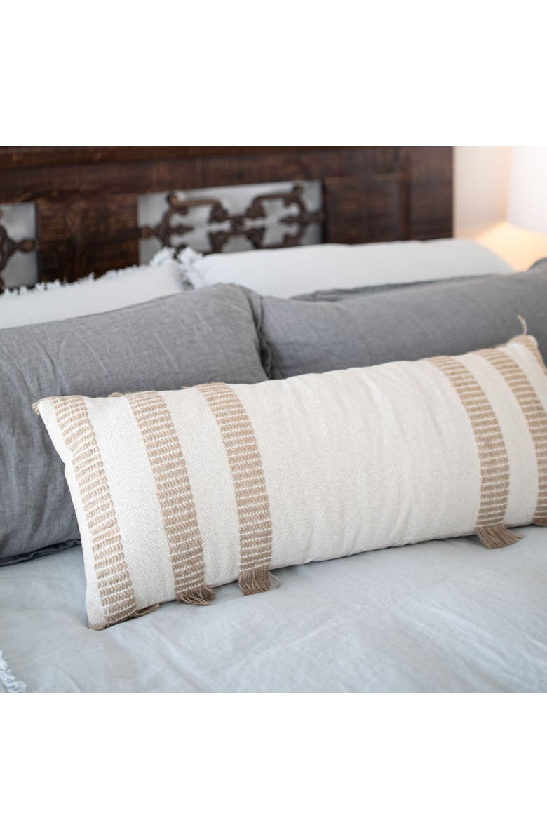Foreside Home and Garden Tan Outer Striped Handwoven Filled Pillow, 14" x 36", Alternate, color, Beige
