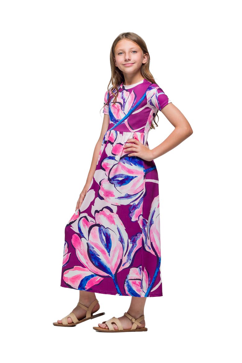 Purple Floral Print Short Sleeve Maxi Dress, Alternate, color, Pink Multi
