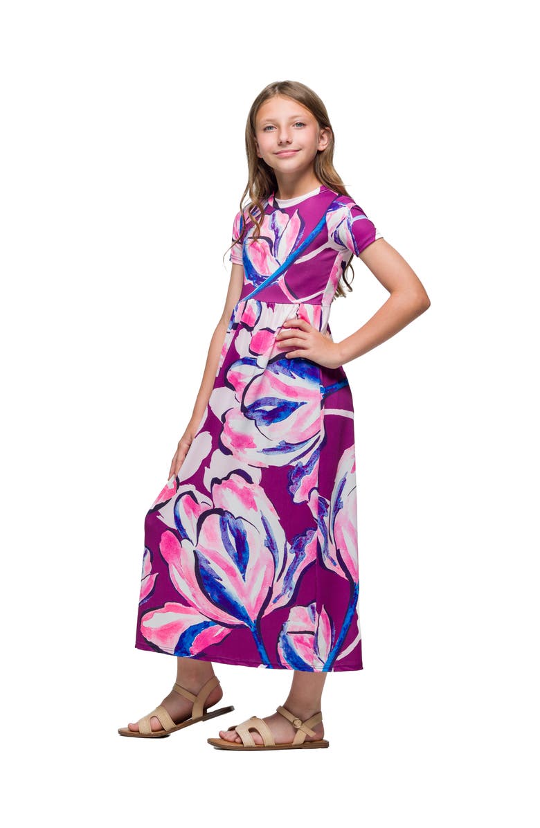 24sevenKid Purple Floral Print Short Sleeve Maxi Dress, Alternate, color, Pink Multi
