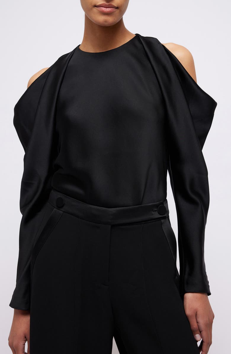Simkhai Marisa Cold Shoulder Satin Blouse, Alternate, color, Black