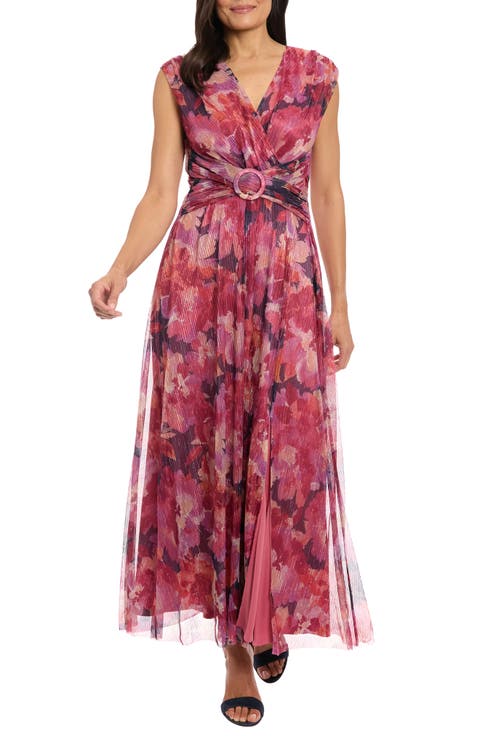 Floral Sleeveless Belted Plissé Maxi Dress