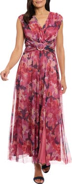 London Times Floral Sleeveless Belted Plissé Maxi Dress
