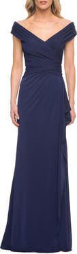 La Femme Long Luxurious Jersey Off the Shoulder Evening Gown