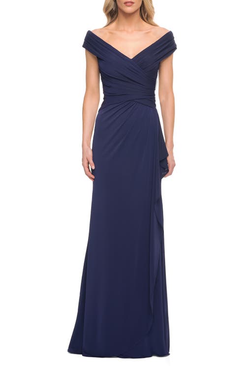 La Femme Long Luxurious Jersey Off The Shoulder Evening Gown In Navy