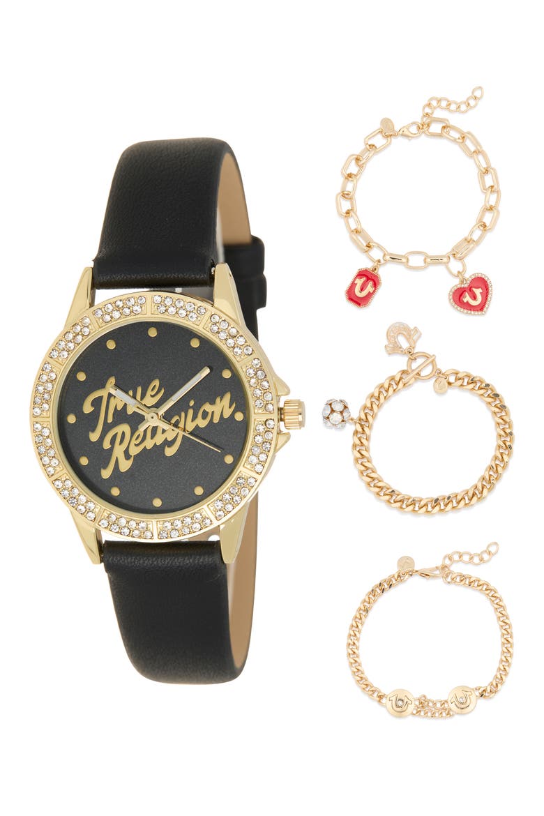 Angled Logo Faux Leather Strap Watch & Bracelets Set, 26.5mm, Main, color, GOLD