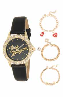 True Religion Angled Logo Faux Leather Strap Watch & Bracelets Set, 26.5mm