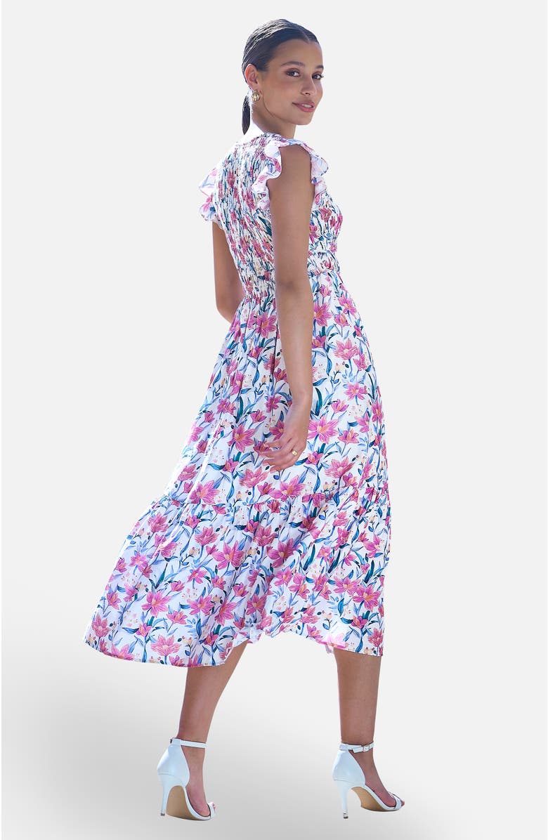 Yumi Viscose Floral Ruched Waist Midi Dress, Alternate, color, White