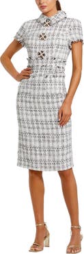 Mac Duggal Fitted Bouclé Short Sleeve Button Up Midi Dress