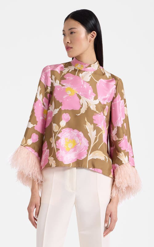 La Doublej Make An Exit Feather-trimmed Silk Top In Sylph Khaki