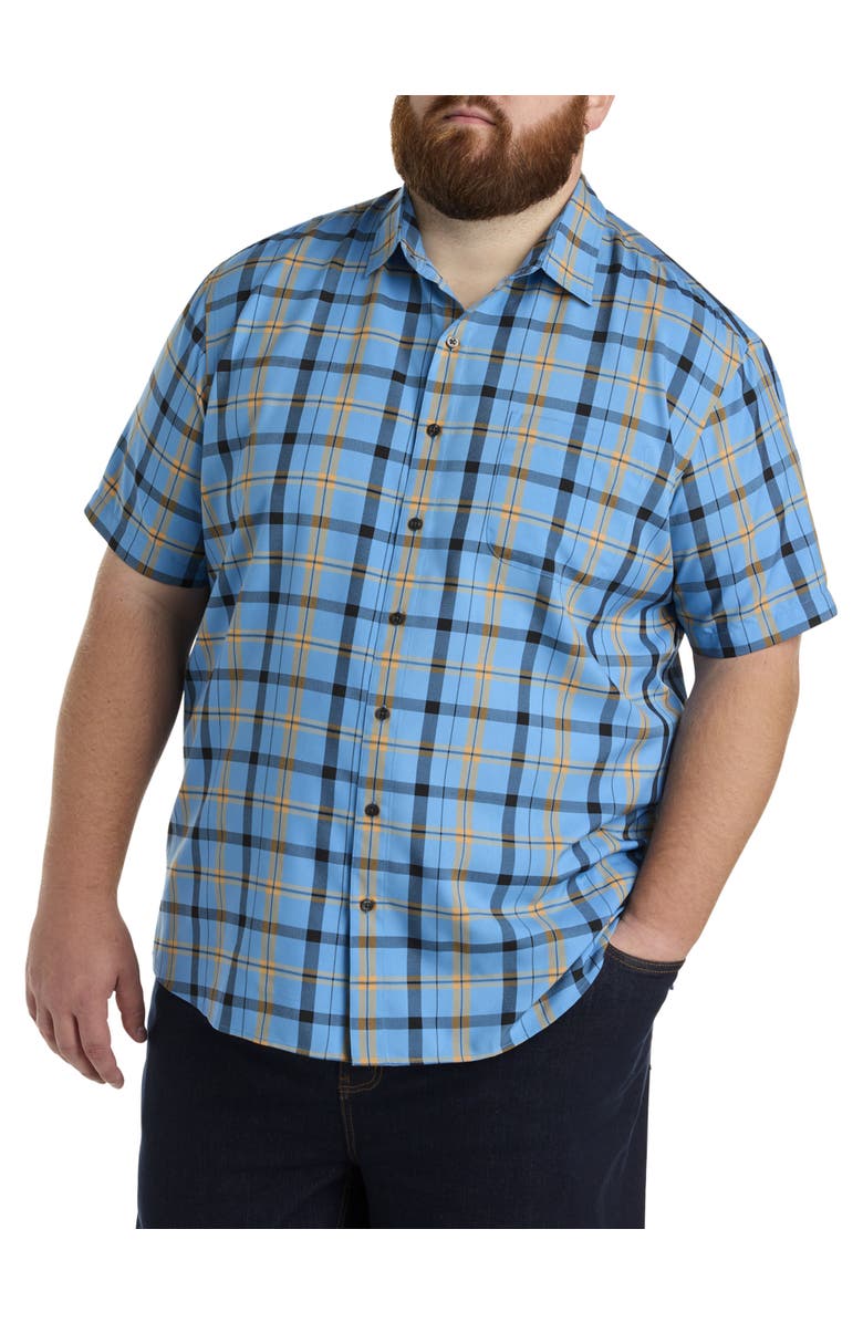 Harbor Bay by DXL Big & Tall Microfiber Large Plaid Sport Shirt, Main, color, Blue Yellow