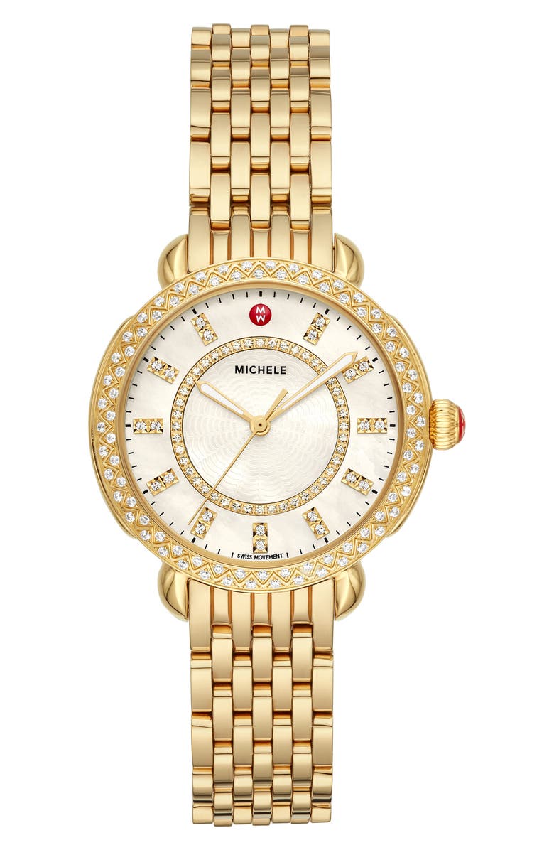 MICHELE Sidney Classic Diamond Bracelet Watch, 33mm, Main, color, Gold/ White Mop/ Gold