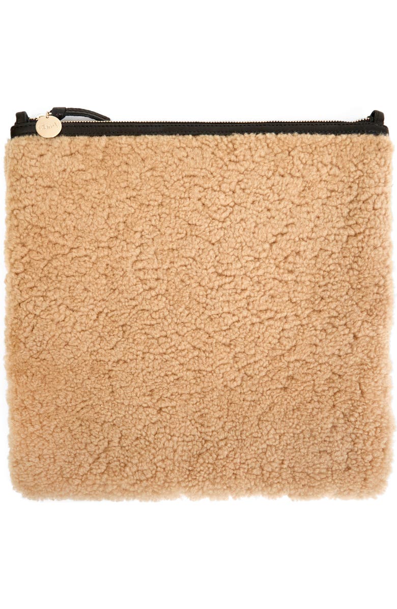 Clare V. Foldover Genuine Shearling Clutch, Main, color, Cafe Au Lait