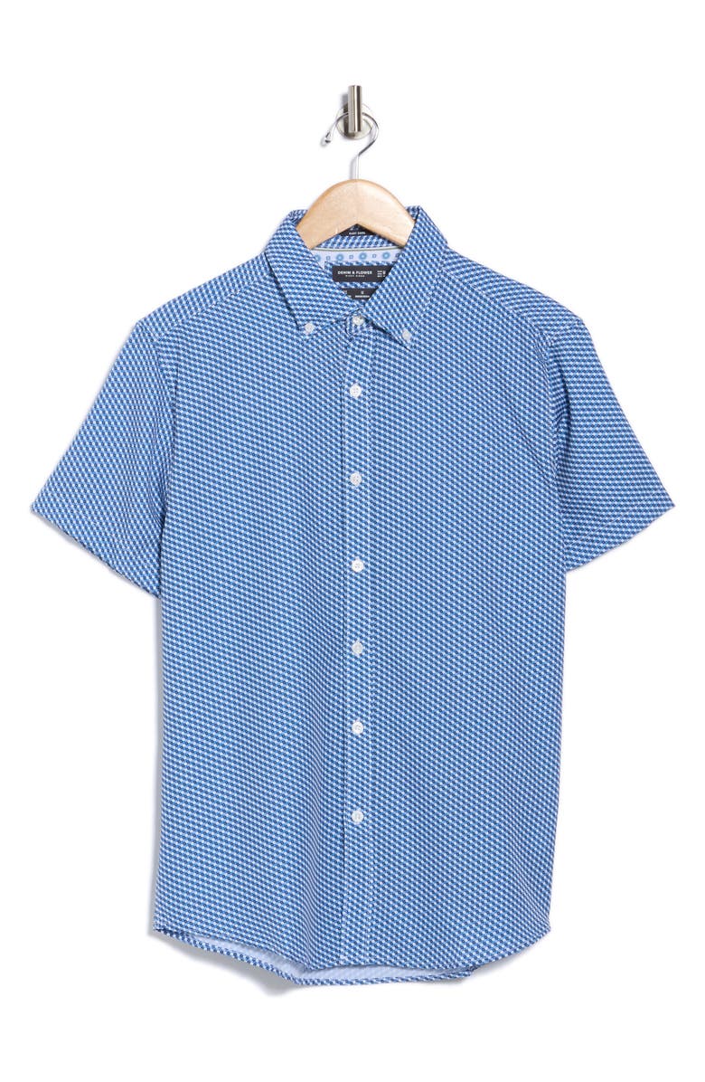 DENIM AND FLOWER Geometric Print Short Sleeve Button-Down Shirt, Alternate, color, Blue