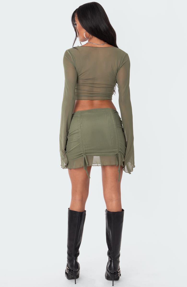 EDIKTED Indigo Tie Front Mesh Crop Top, Alternate, color, Olive
