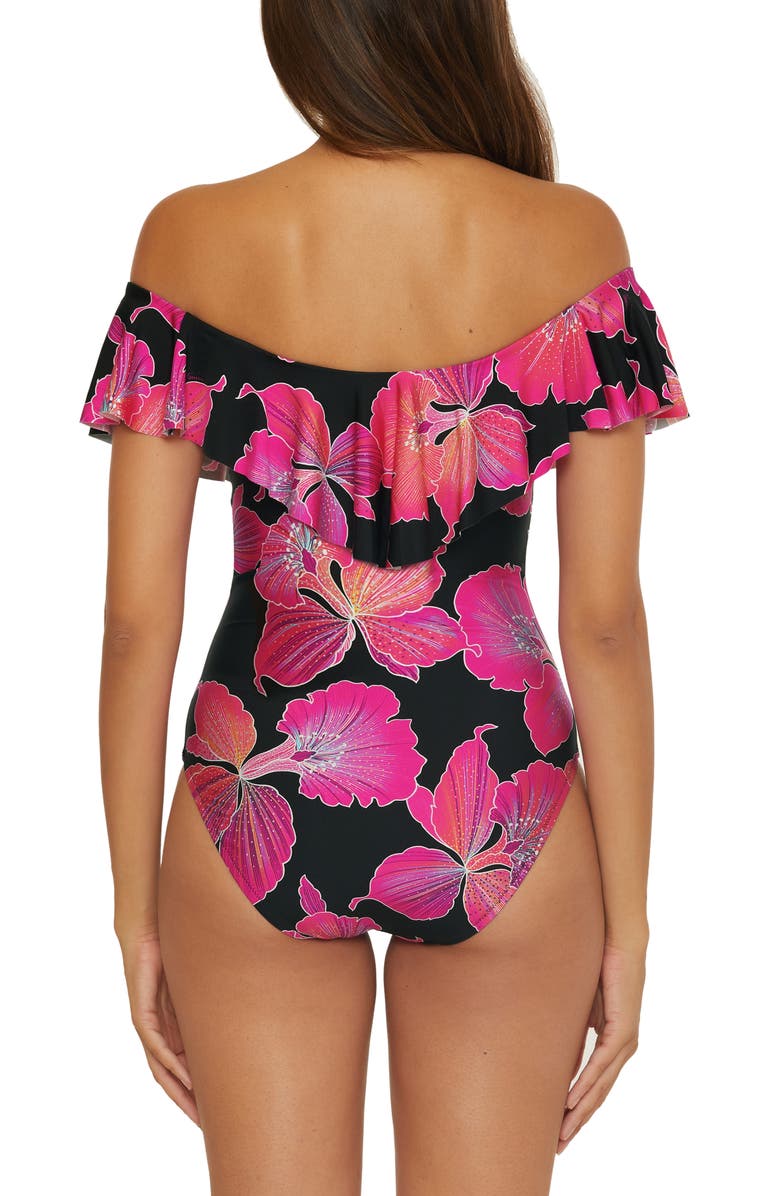 Trina Turk Fluery Ruffle Off the Shoulder One-Piece Swimsuit, Alternate, color, Black Multi