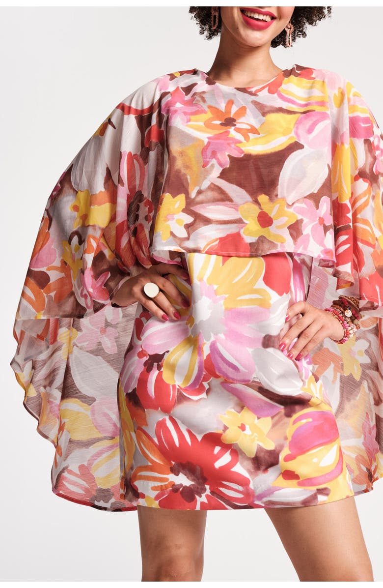 Frances Valentine Mini Cape Dress Sun Floral Poly Chiffon, Alternate, color,