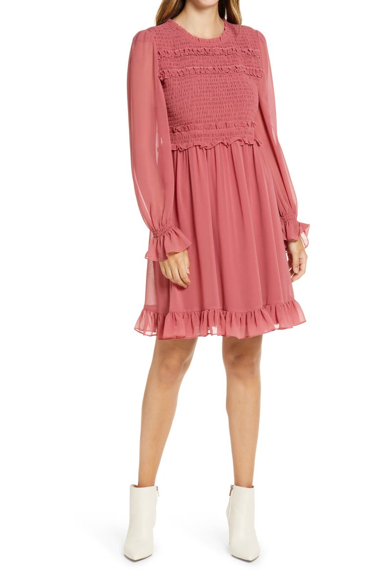 Smocked Ruffle Dress, Main, color, RED BAROQUE