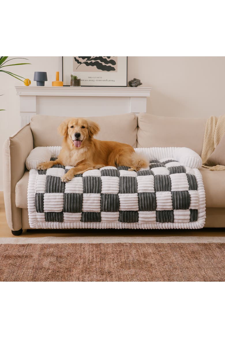 Cream Square Plaid Cozy Dog Mat Furniture Protector Cover, Alternate, color, Grey