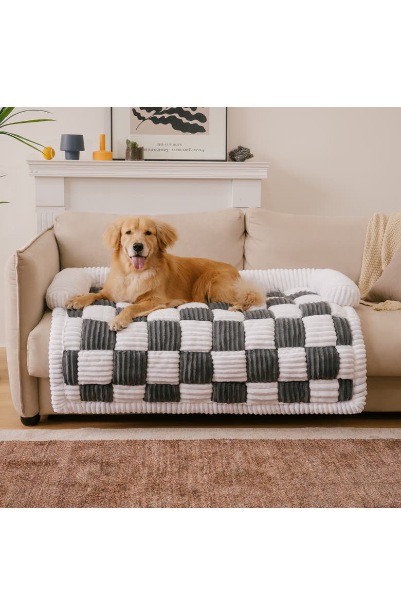 FunnyFuzzy Cream Square Plaid Cozy Dog Mat Furniture Protector Cover, Alternate, color, Grey