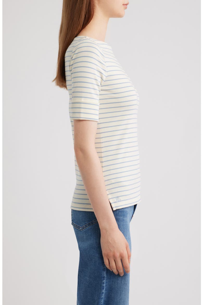 Stripe Stretch Cotton Boatneck Top, Alternate, color, CREAM/ DUSTY SKY