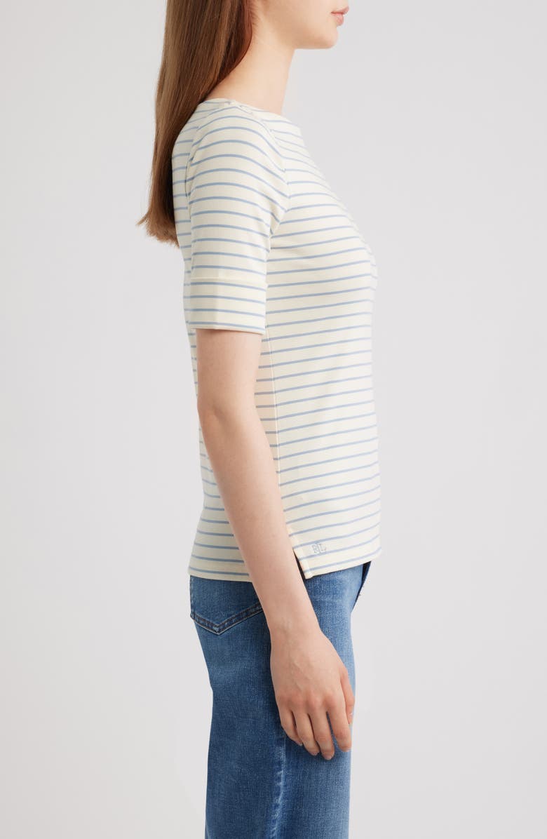 Lauren Ralph Lauren Stripe Stretch Cotton Boatneck Top, Alternate, color, Cream/ Dusty Sky