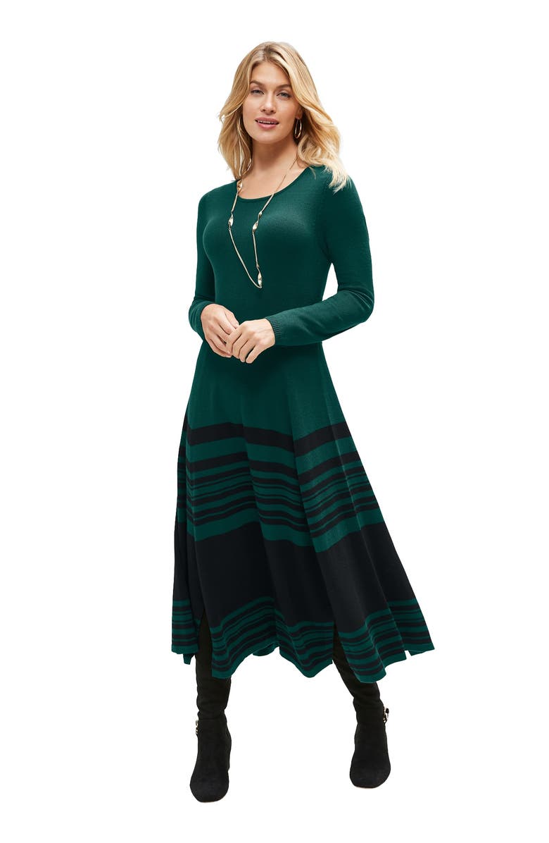 Jessica London Fit and Flare Sweater Dress, Main, color, Emerald Green Black