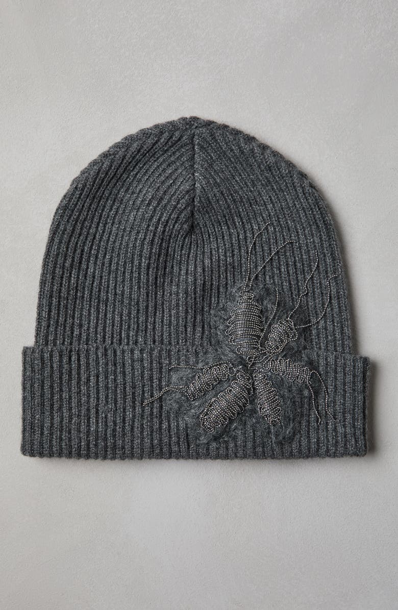 Brunello Cucinelli Cashmere rib knit beanie with precious flower crest, Alternate, color, 