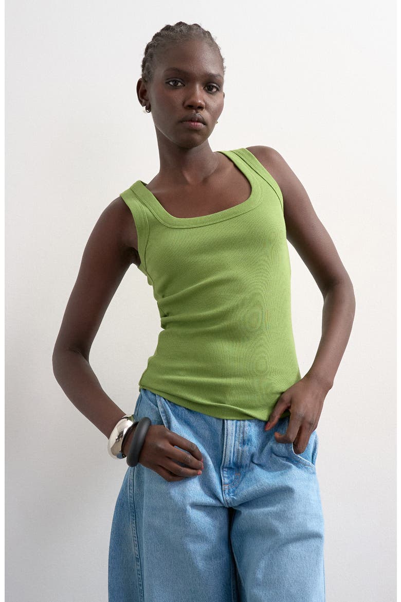 Square Neck Stretch Cotton Rib Tank, Main, color, MEDIUM GREEN