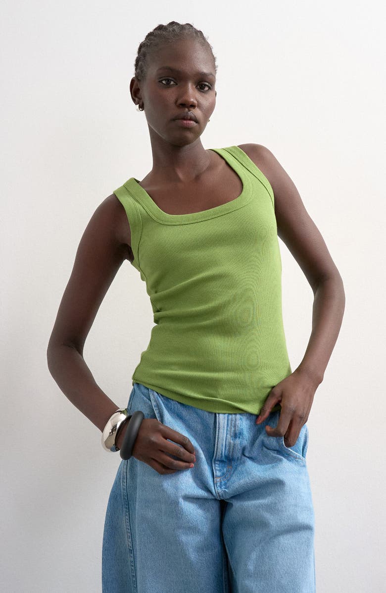 Topshop Square Neck Stretch Cotton Rib Tank, Main, color, Medium Green
