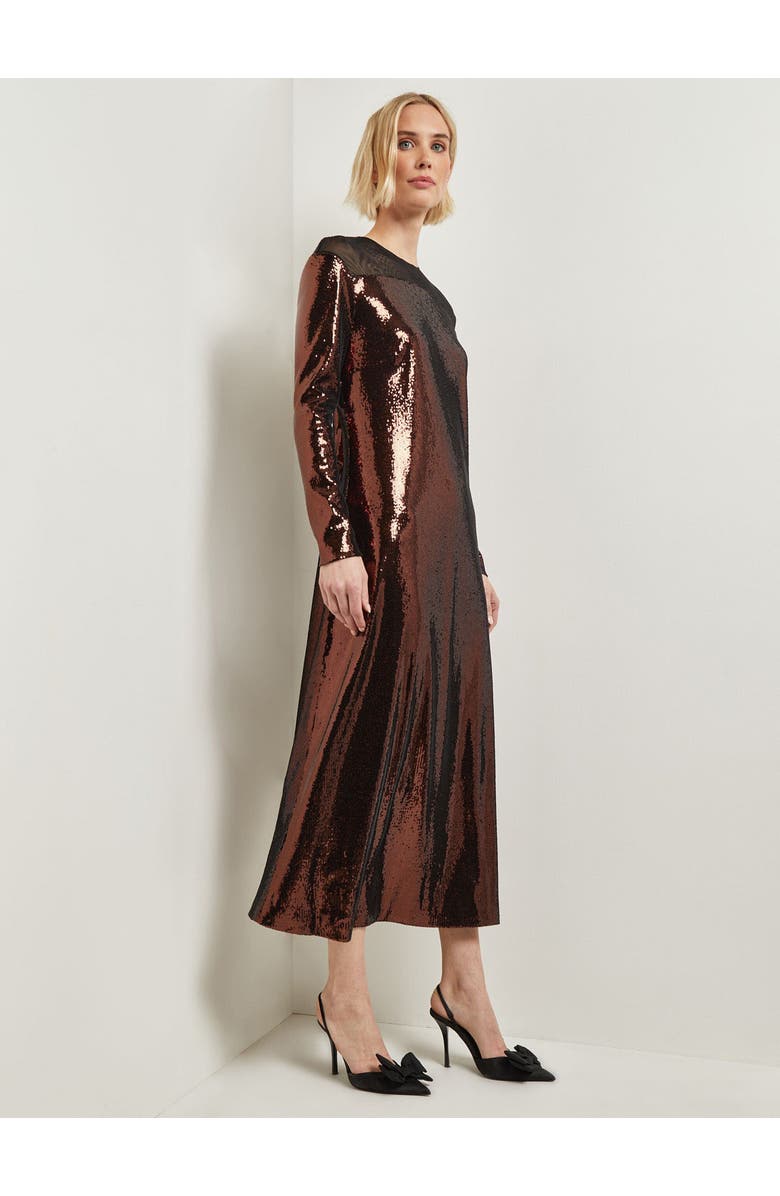 Misook Modern Fit Sheer Shoulder Sequin A-Line Maxi Dress, Alternate, color, Mahogany